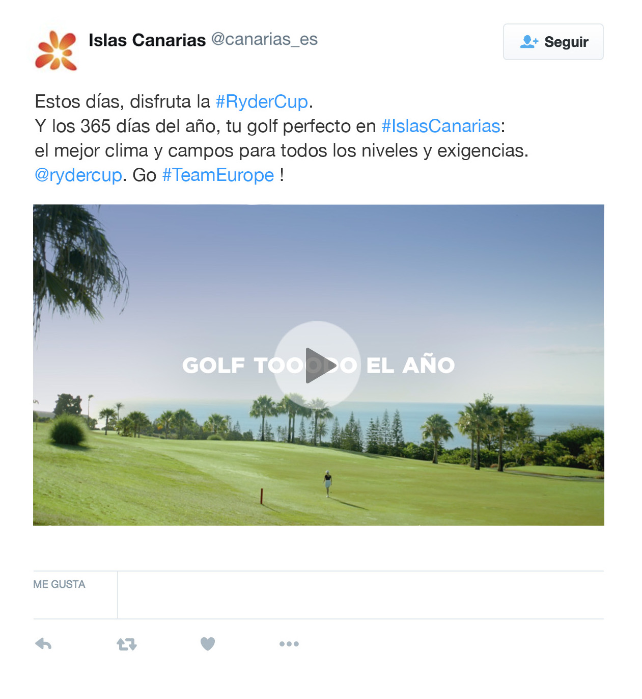 Imagen de uno de los tuits de la campaña de Islas Canarias dirigida a los turistas de golf durante la celebración de la Ryder Cup 2018