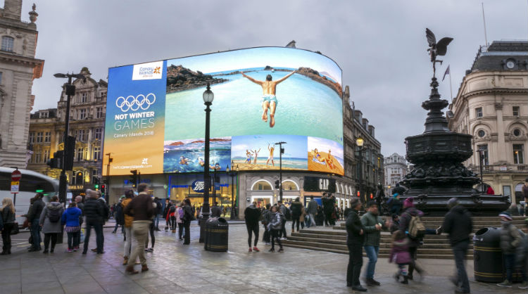Not Winter Games, one of the campaigns by Canary Islands to have reached the finals of the The Travel Marketing Awards 2019, at Piccadilly Circus in London