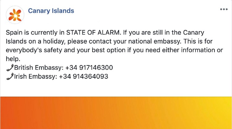Uno de los mensajes publicados en las redes sociales de Islas Canarias que informa sobre el cierre de los establecimientos turísticos