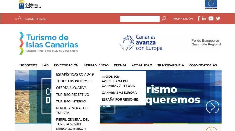 Sección de la web profesional de Turismo de Islas Canarias donde se alojan las estadísticas actualizadas de covid-19