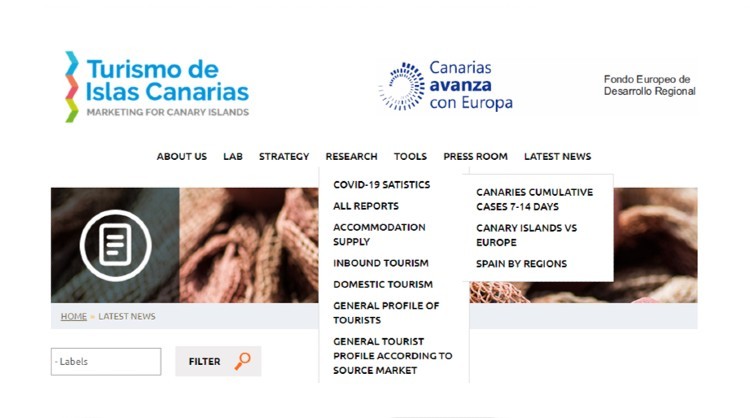 Section of the Turismo de Islas Canarias professional website showing the updated Covid-19 statistics
